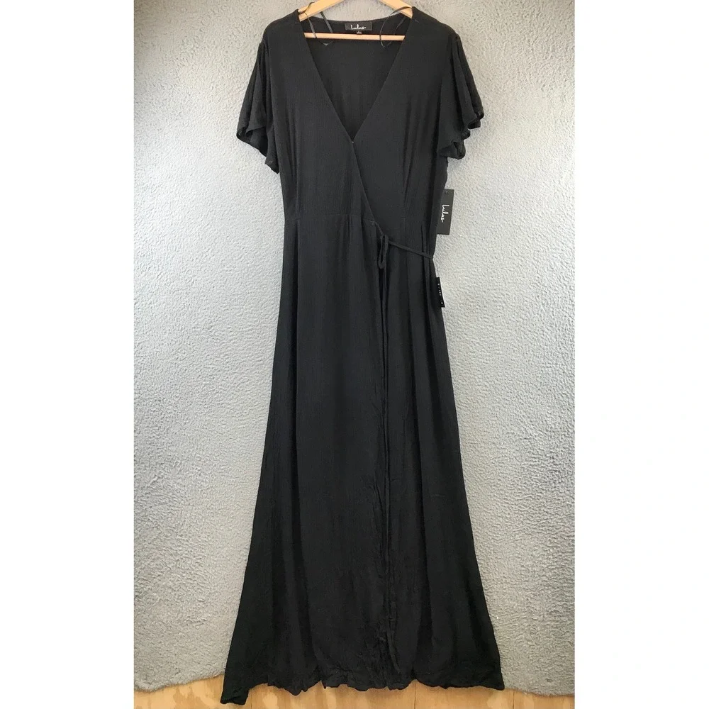 New Lulus Black Wrap Maxi Dress Flutter Sleeve Tie Waist Textured L - Picture 1 of 12